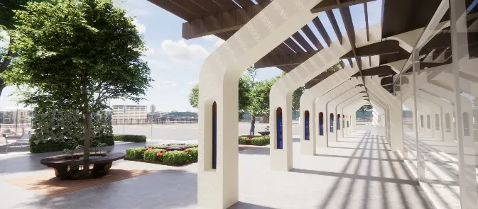 A sunlit colonnade leads through trees toward water, its shadows drawing a precise rhythm.