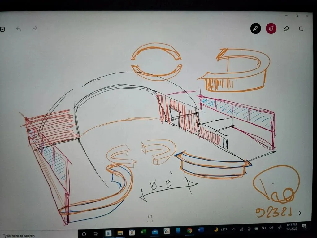 A schematic study tests a curved building form and its proportions.
